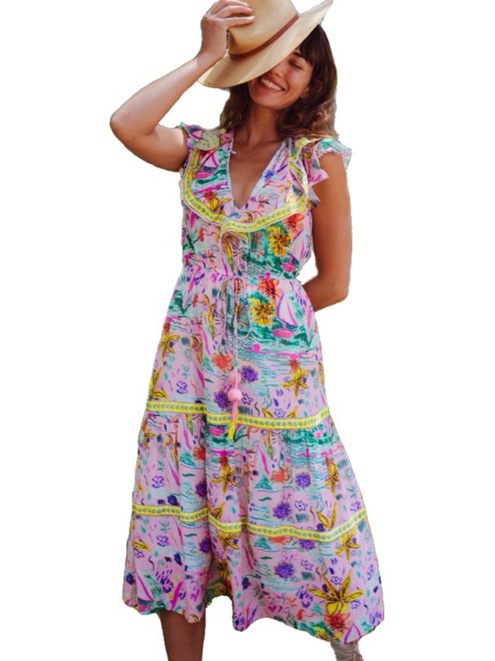Bell by Alicia Bell Sylvie Midi Floral Tropical Colorful Resortwear Dress size L